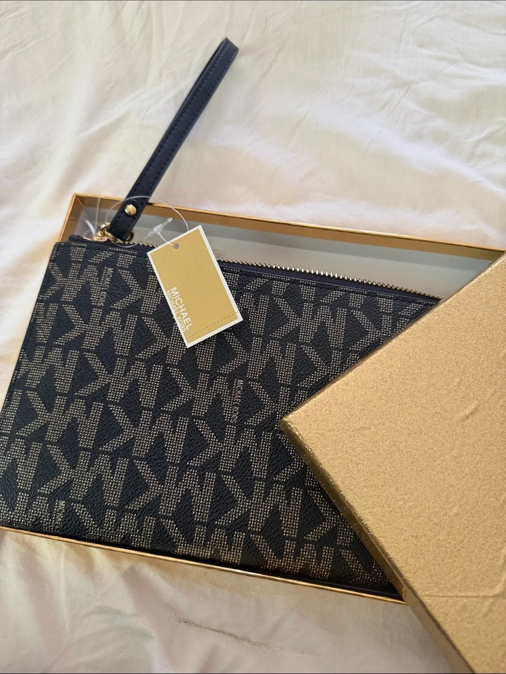 Michael Kors Black MK Monogram Zip Pouch with Gold Logo